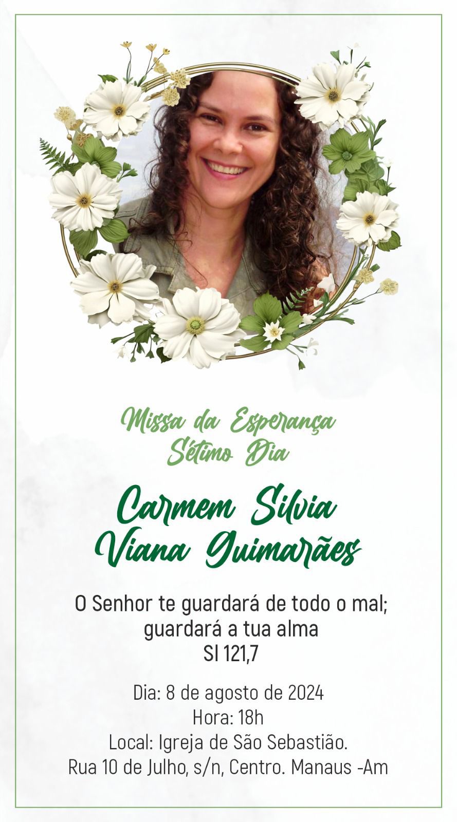 Será realizada hoje, 08/08/2024 a missa de sétimo dia da servidora e ex-prefeita do Campus, Carmem Silvia Viana Guimarães